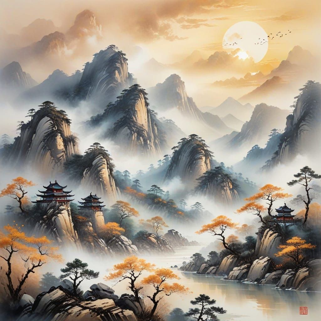 Serene Chinese Landscape in Traditional Brushstrokes