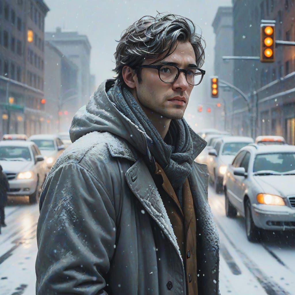 Man in Snowstorm Traffic Jam, Cinematic Concept Art