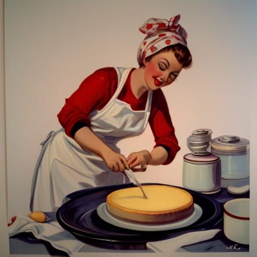 Vintage Pin-Up Girl Baking Cheesecake Art