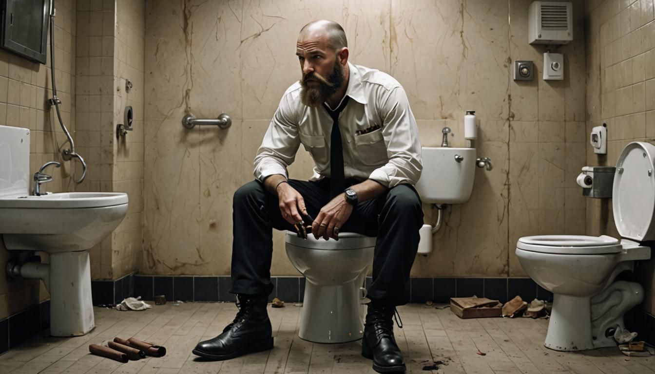 Skinhead Smoking Cigar in Toilet: Cinematic Style