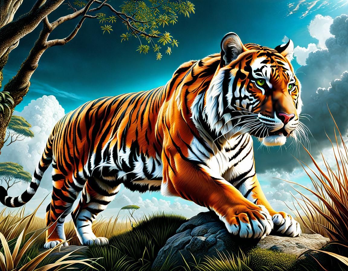 Majestic Bengal Tiger Hunting in Digital Painting