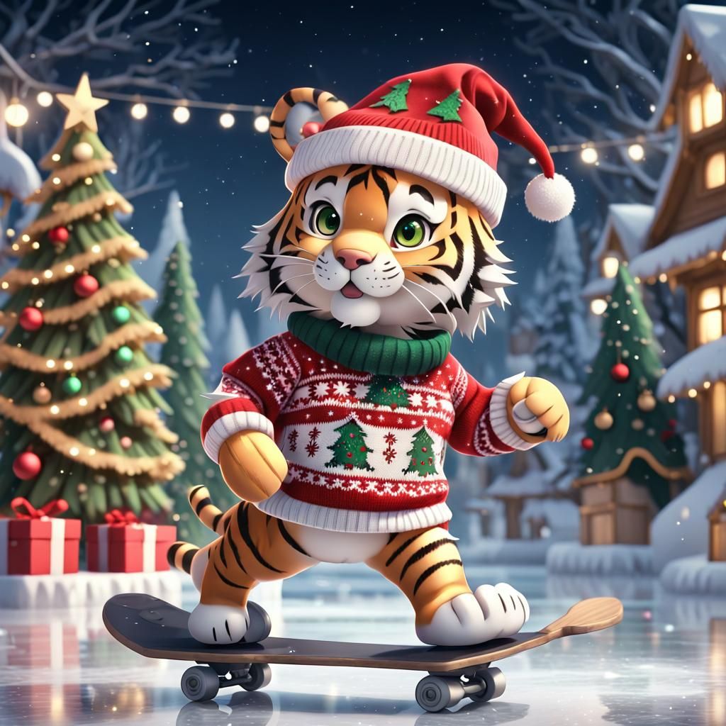 Festive 3D Tiger Skating in Anime Style