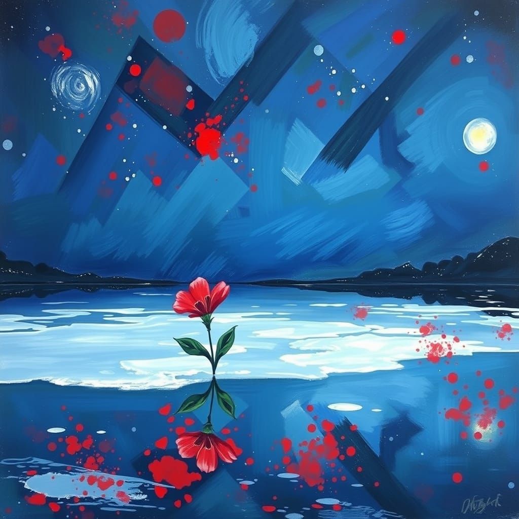 Surreal Impressionist Painting of Red Flower on Frozen Lake