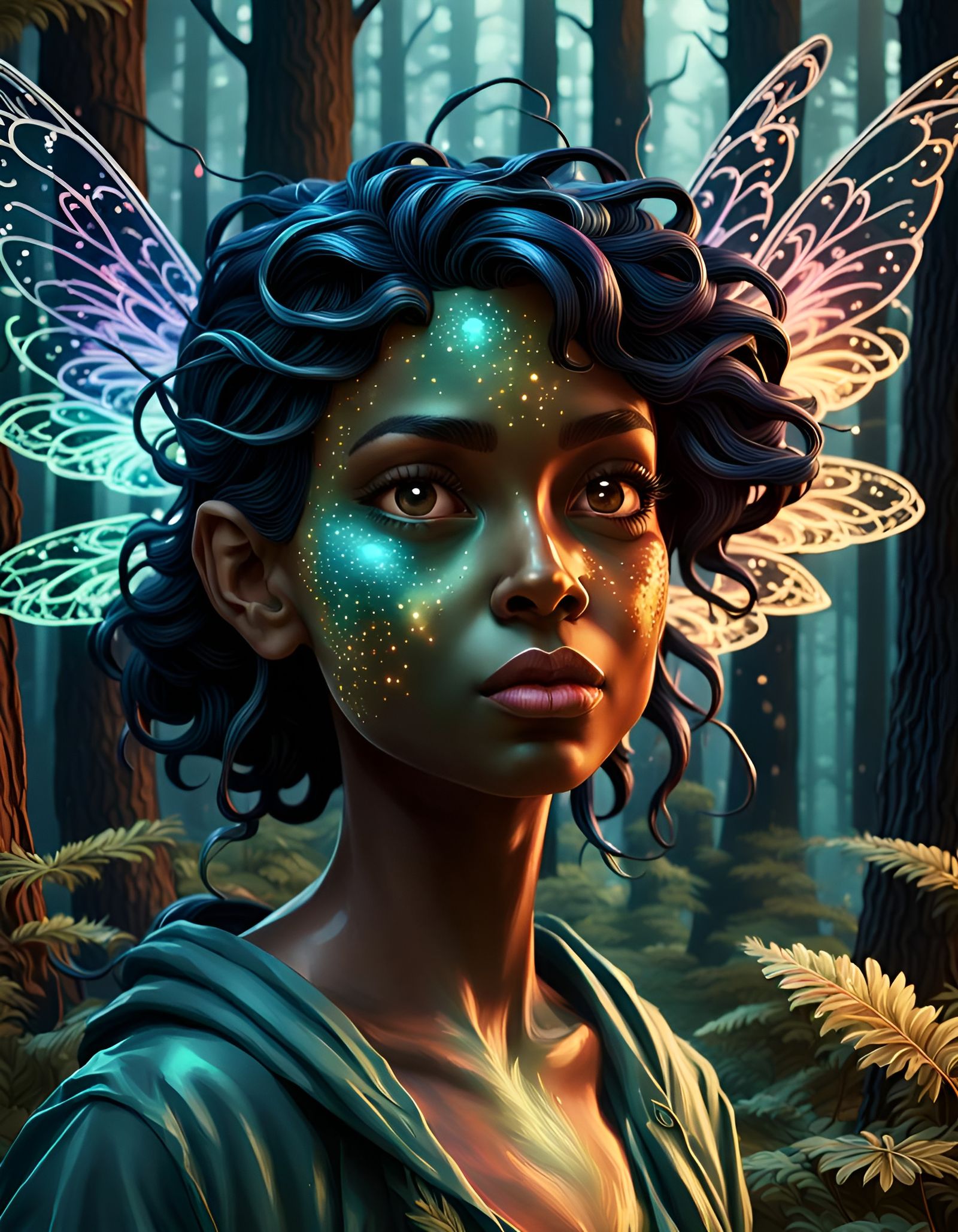 Black Aura Fairy Scientist in Hyperrealistic Forest