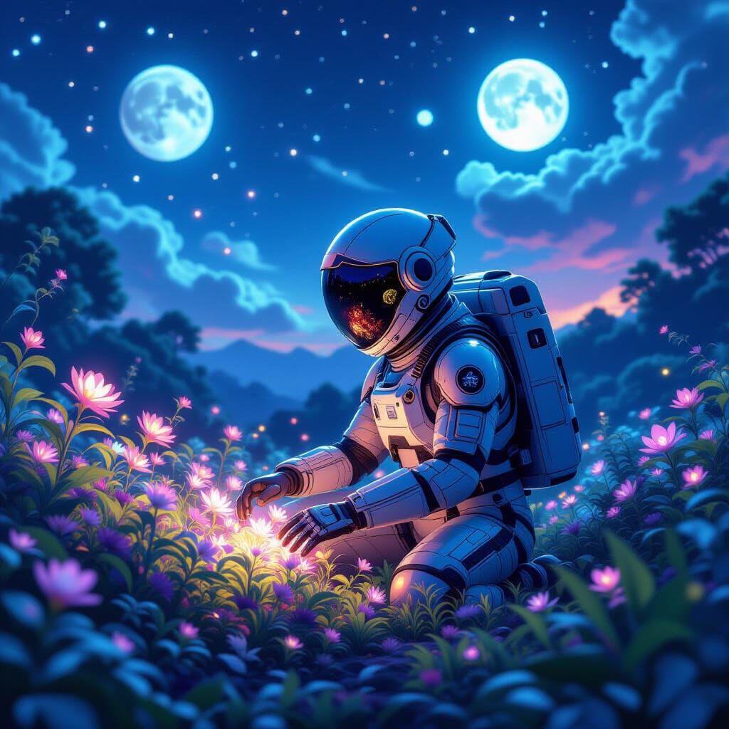 Bioluminescent Garden on Exoplanet in Ghibli Style