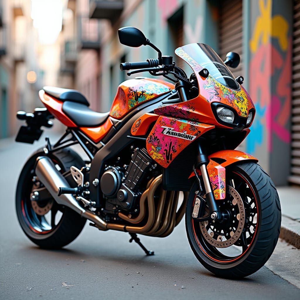 Graffiti Art Kawasaki Motorcycle in Urban Setting