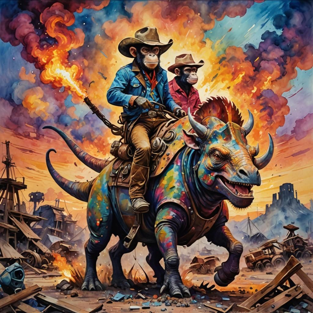 Cowboy Monkey Rides Triceratops in Watercolor Style