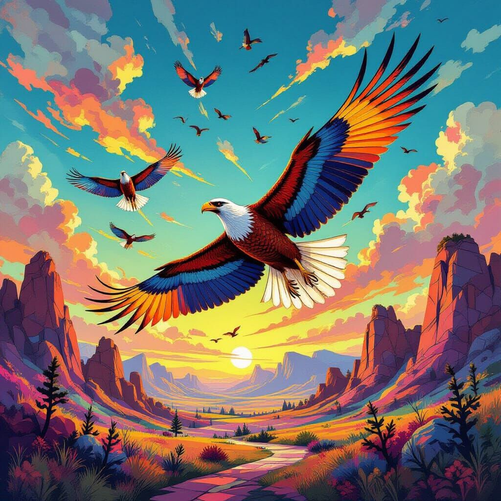 Archaeopteryx Flock Soaring in Colorful Prehistoric Sky