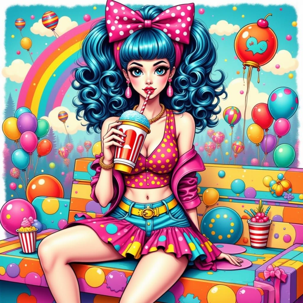 Cute Gamer Girl in Polka Dot Comic Book Style