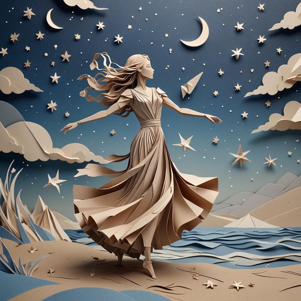 Papercraft Woman Dancing Under Stars in Origami Style