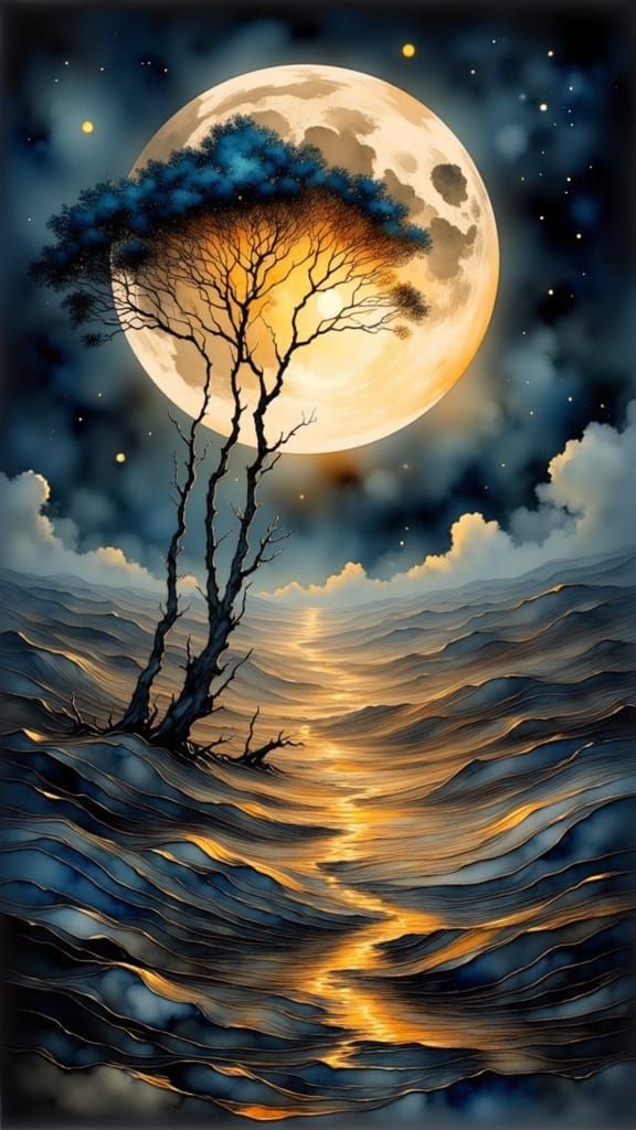 Abstract Tree in Vortex: Ink Wash Painting