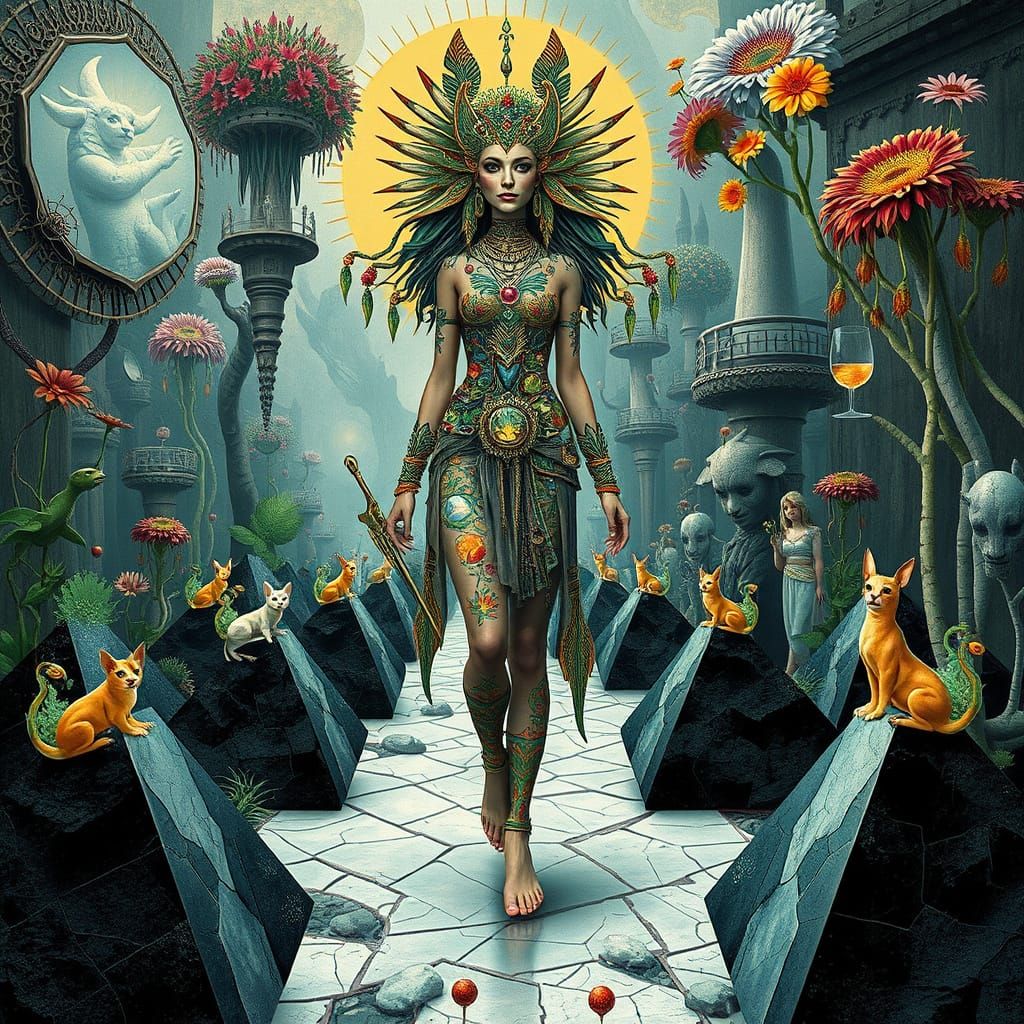 Mystical Woman in Surreal Dreamscape, Collage Style