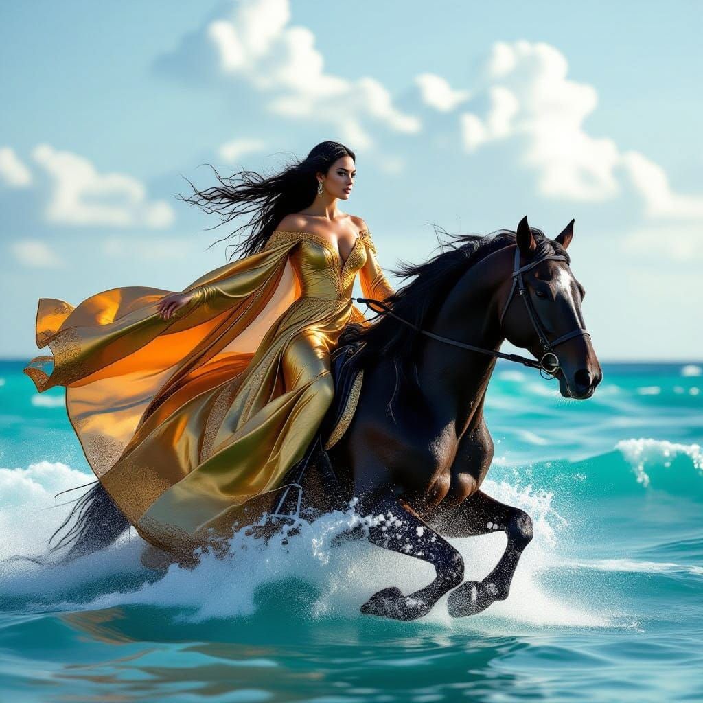Woman in Gold Silk Rides Black Horse Through Turquoise Sea