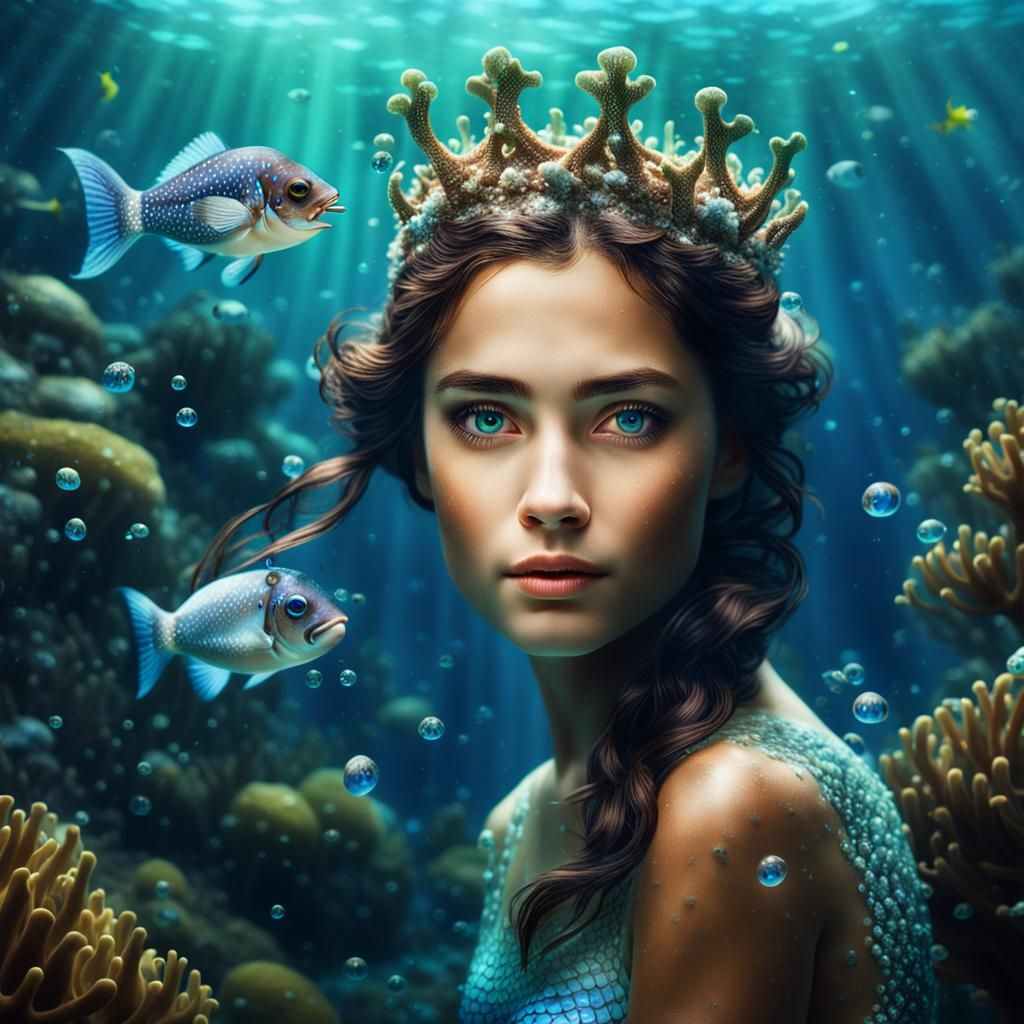 Beautiful Mermaid with Diamond Crown Underwater Photography