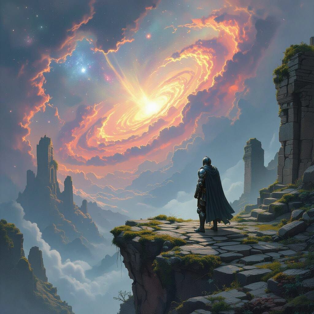 Knight Gazes at Nebula Over Ancient Ruins