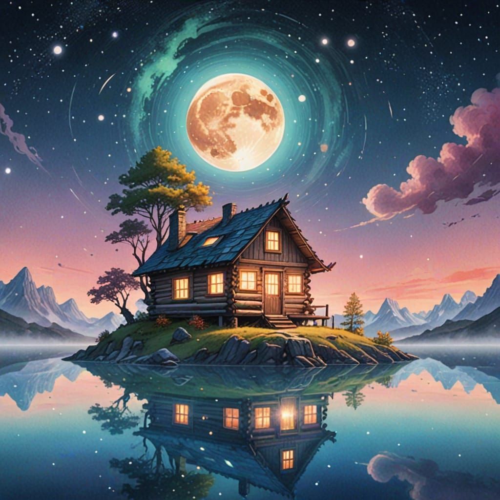 Log Cabin on Floating Island in Watercolor Style