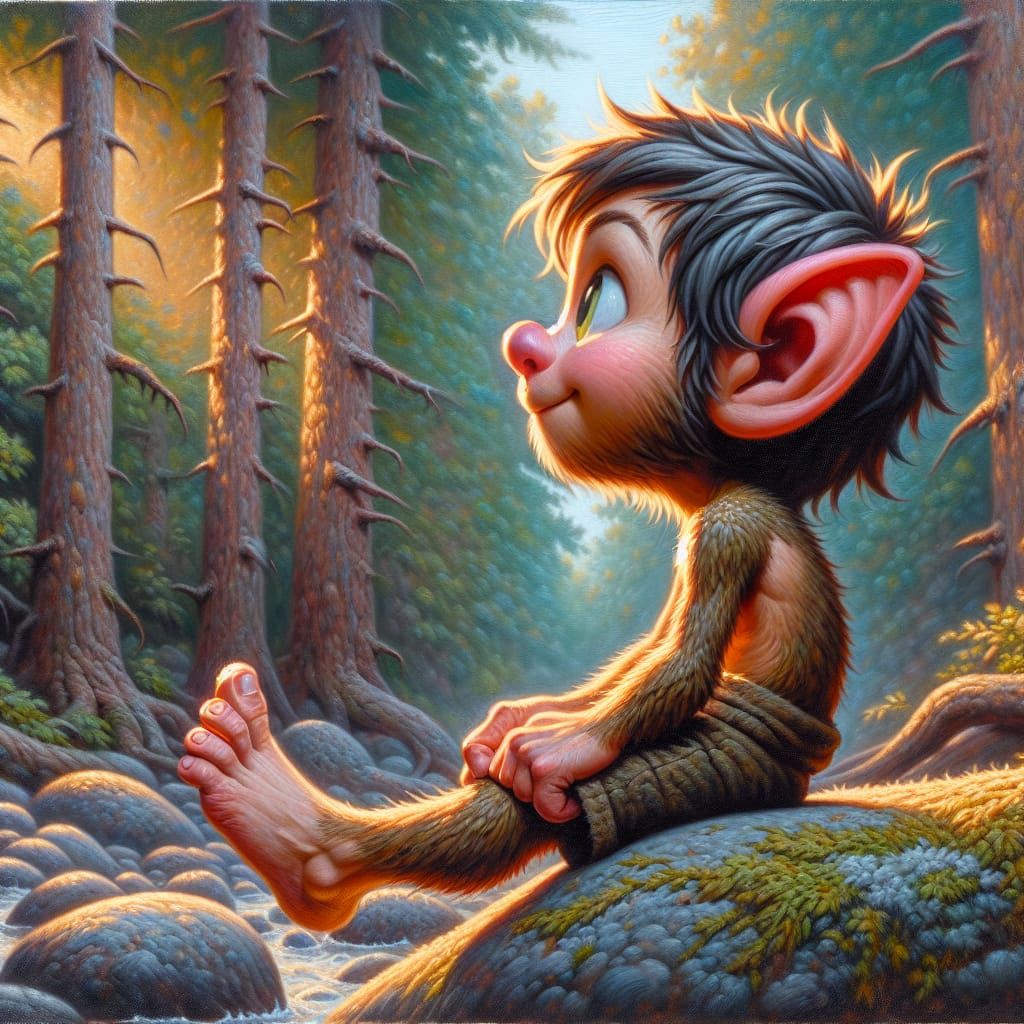 Hyperrealistic Cartoon Lutin in Surreal Forest Painting