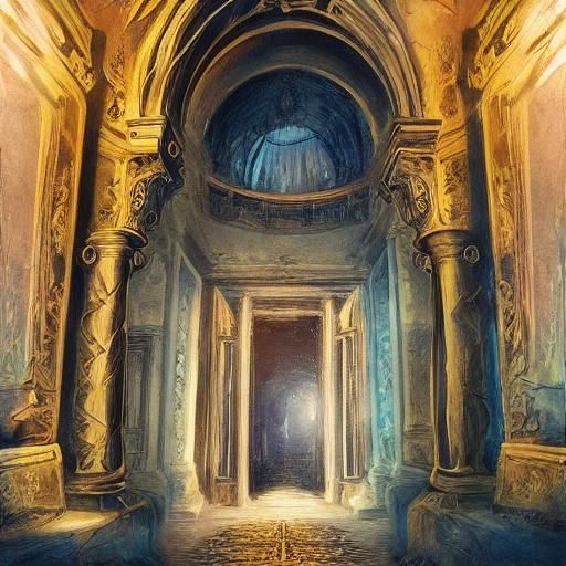 Mysterious Figure at Vault Entrance in Watercolor Style