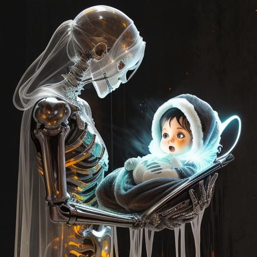 Luminescent Ghost with Skeleton Baby in Watercolor Art