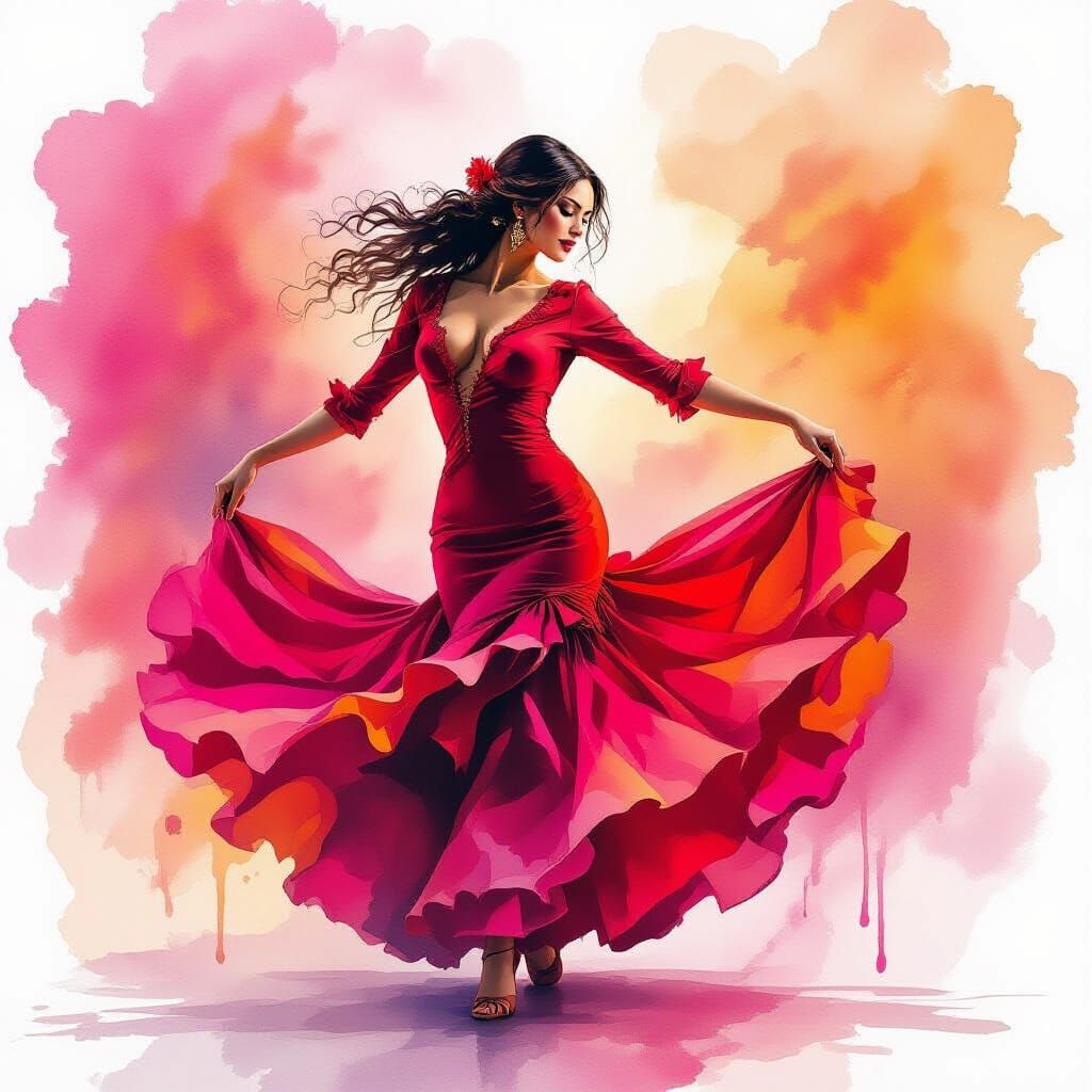 Vibrant Flamenco Dancer in Motion, Alcohol Ink Art