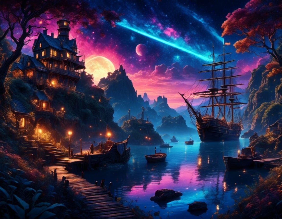 Galactic Gothic Pirate Harbor in Dreamy Comicbook Style