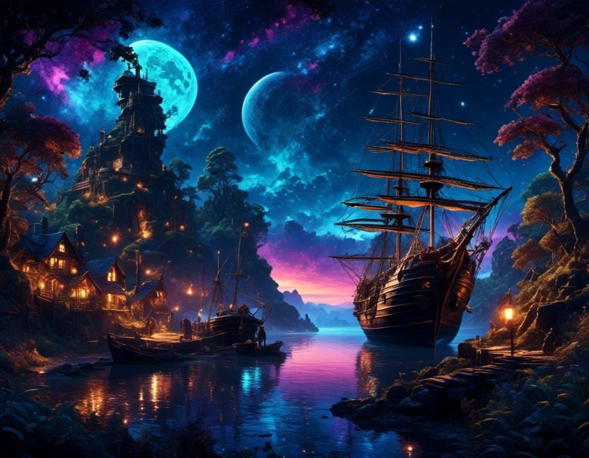Gothic Pirate Harbor Under Galactic Night Sky