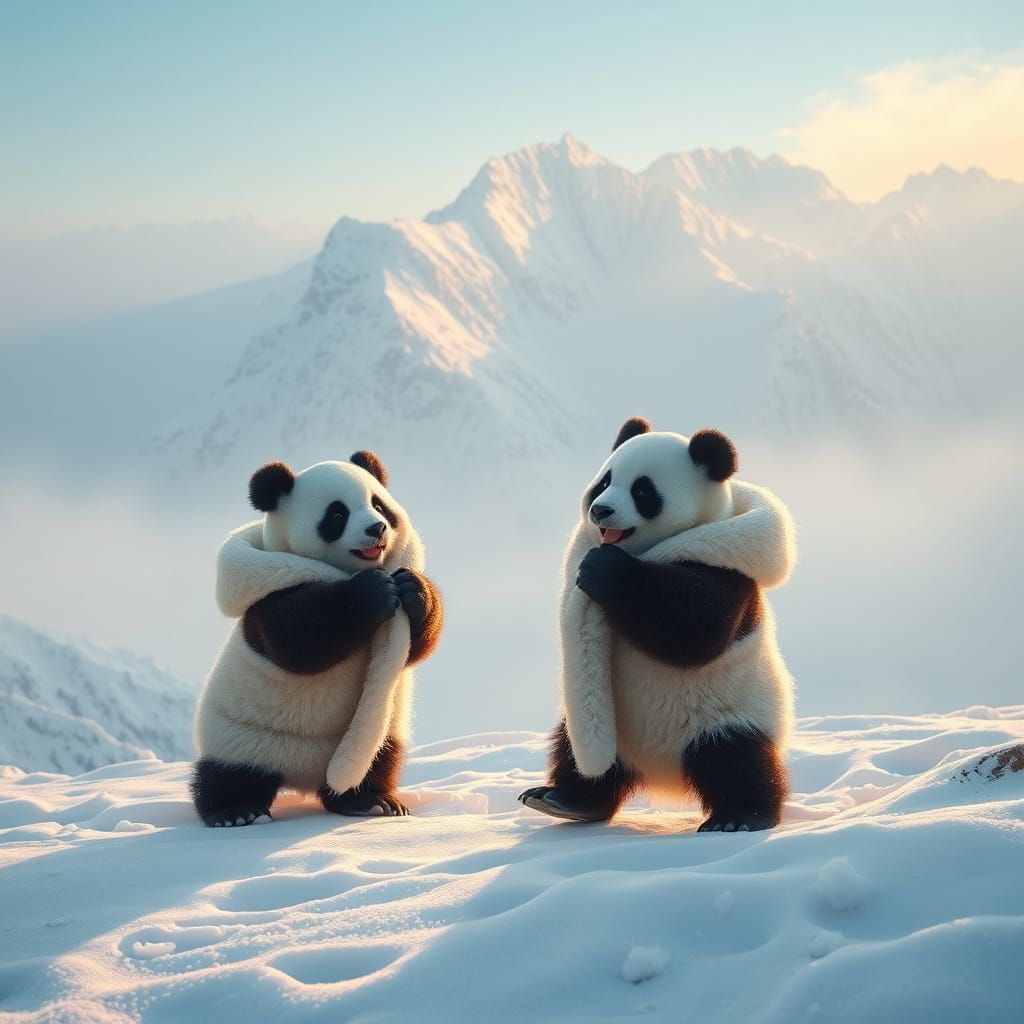 Pandas Frolic in Snowy Mountain Landscape