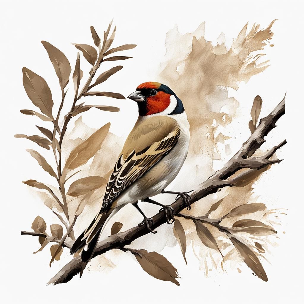 Sepia Finch on Branch as Impasto Oil Painting