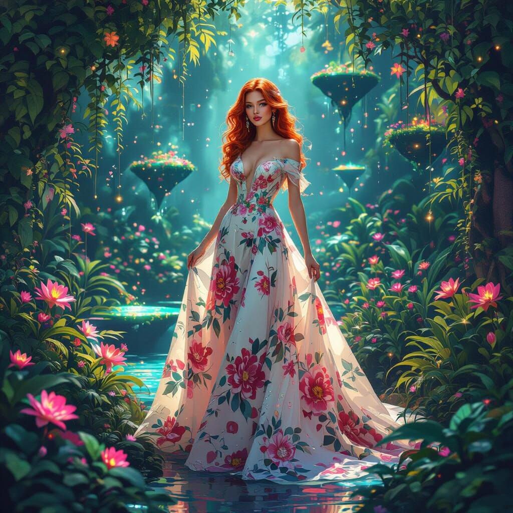 Breathtaking Redhead in Bioluminescent Garden, Art Nouveau S...