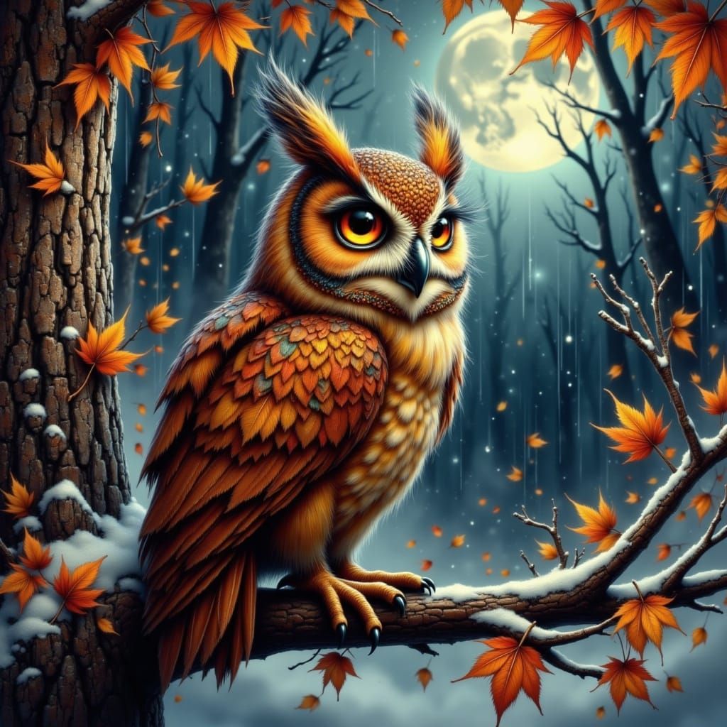 Autumn Leaf Owl in Moonlit Snow Forest