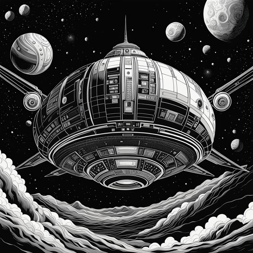 Retro-SciFi Spacecraft in Black and White Line Art