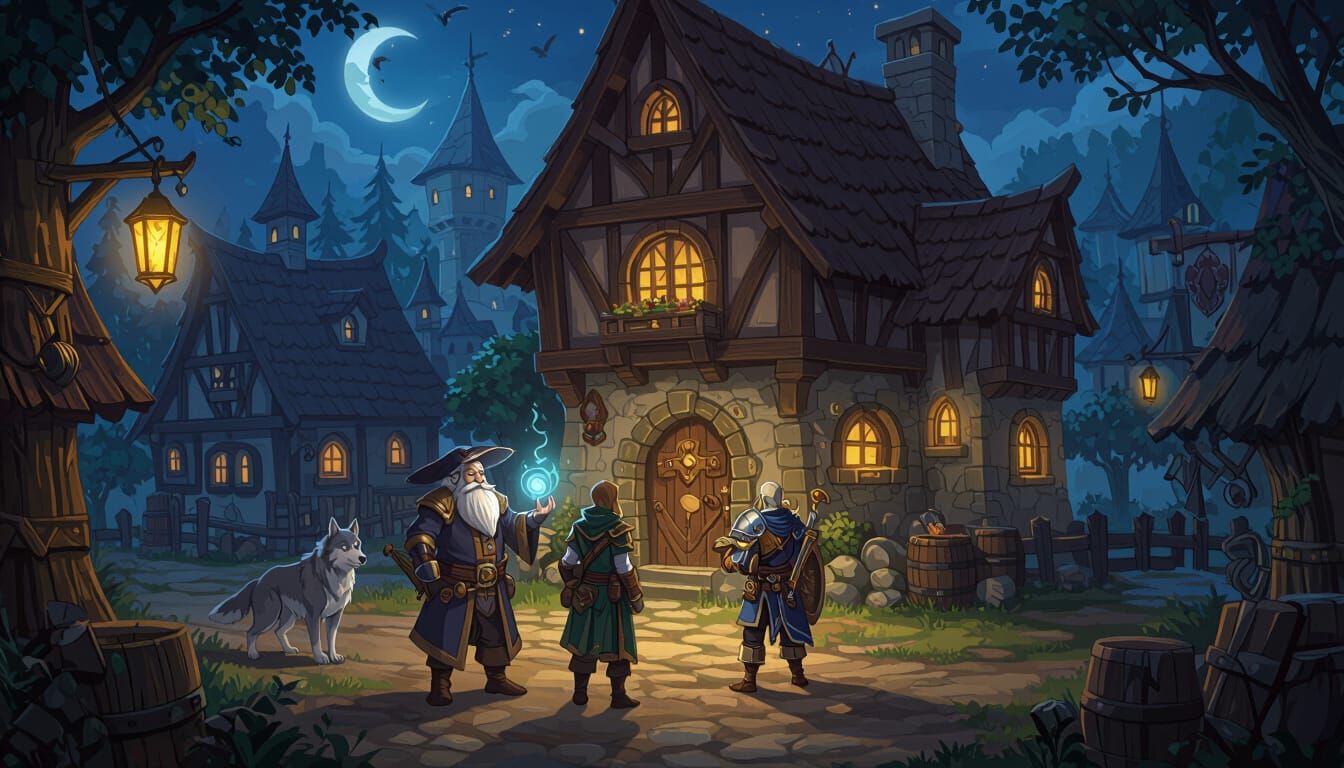 Dark Fantasy Village Tavern Scene with Adventurers