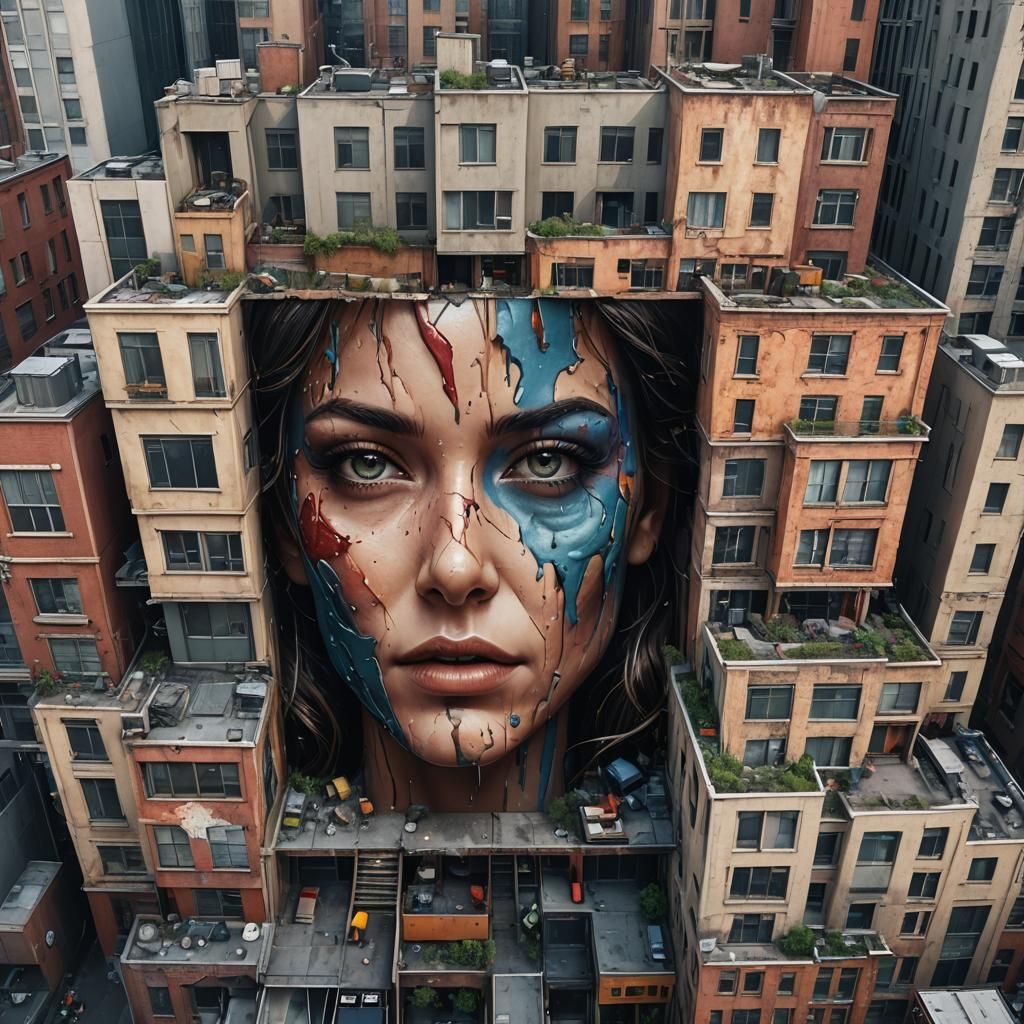 Colorful Facial Mural in Cityscape, Detailed Matte Painting