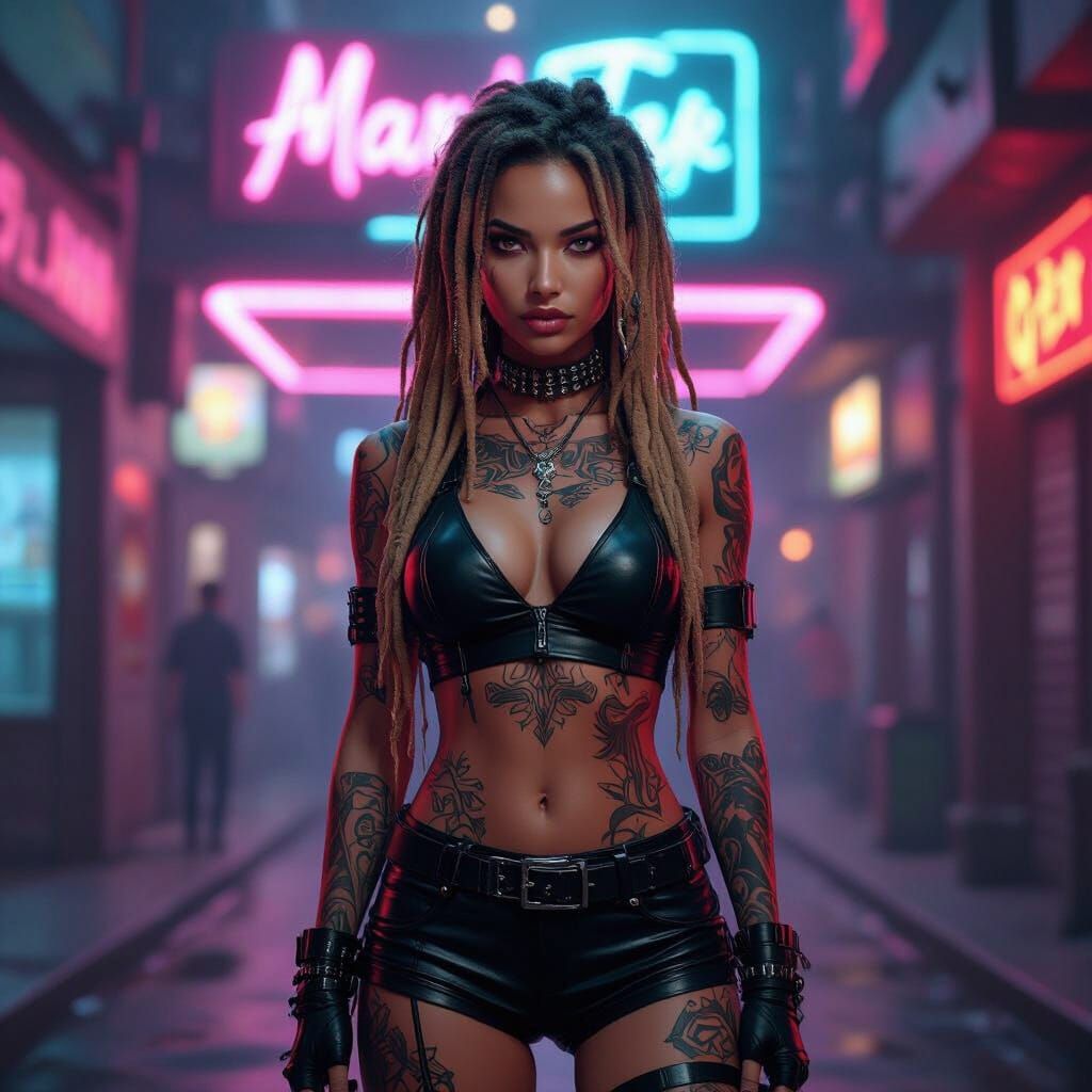 Cyberpunk Woman with Tattoos in Neon Nightclub Scene