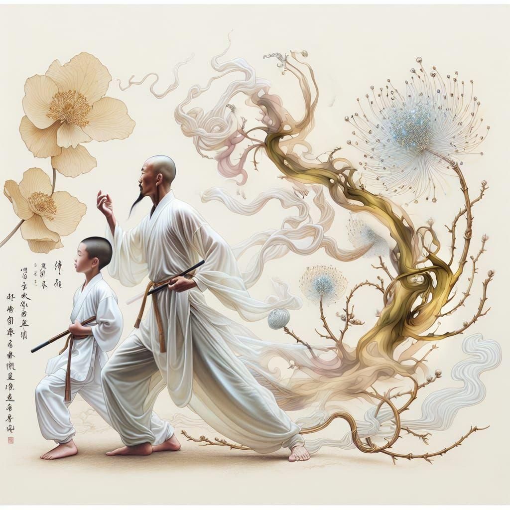 Magical Shaolin Monk and Son: Detailed Digital Art