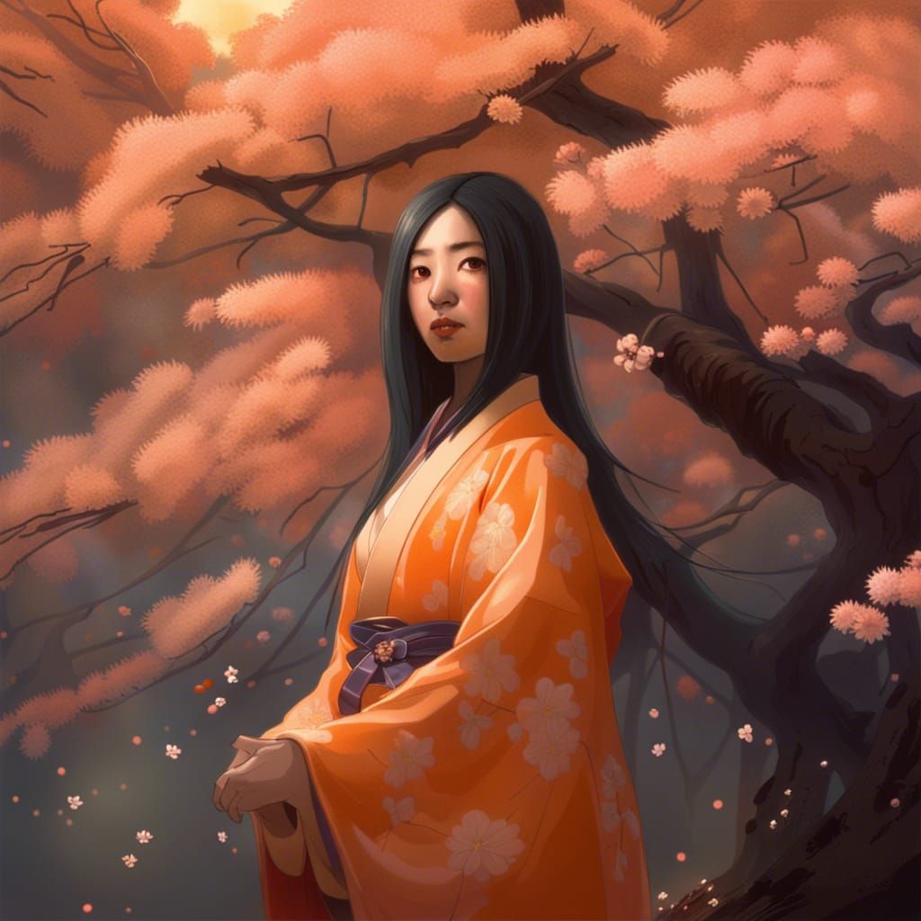 Asian Woman in Kimono, Cherry Blossoms, Horror Style