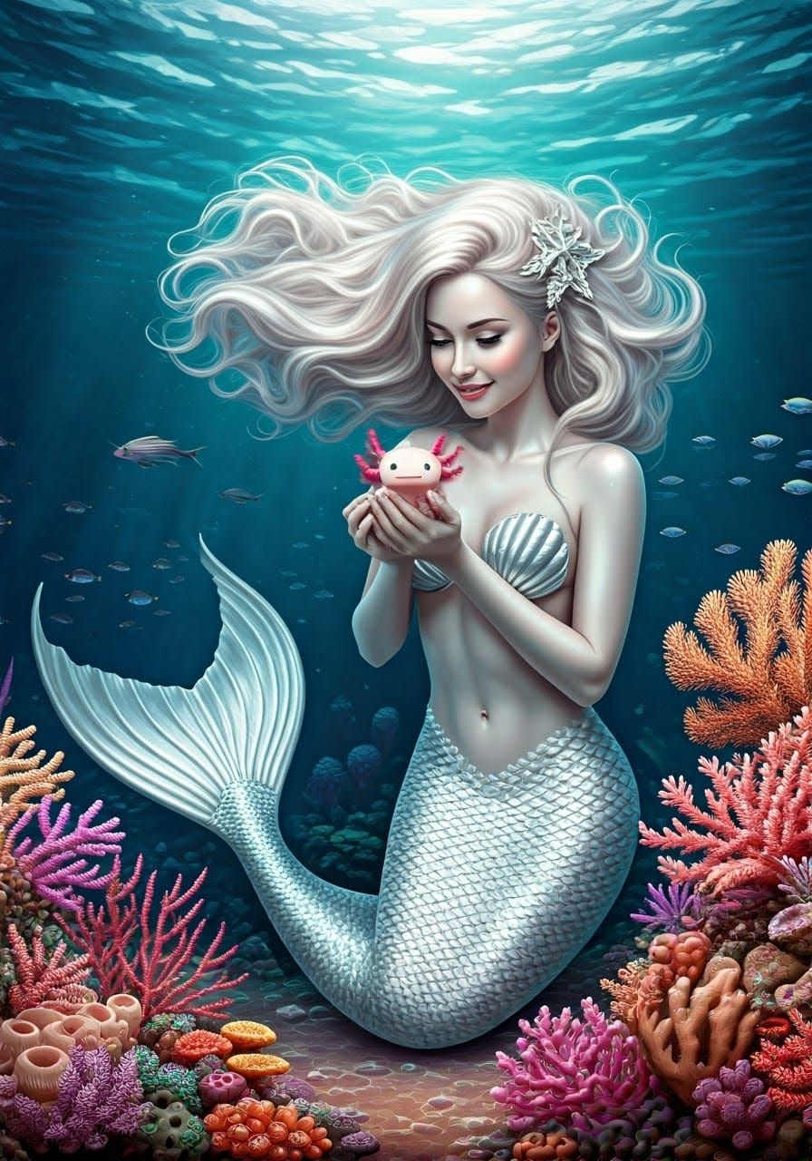 Mermaid with Axolotl in Coral Reef, Photorealistic Style
