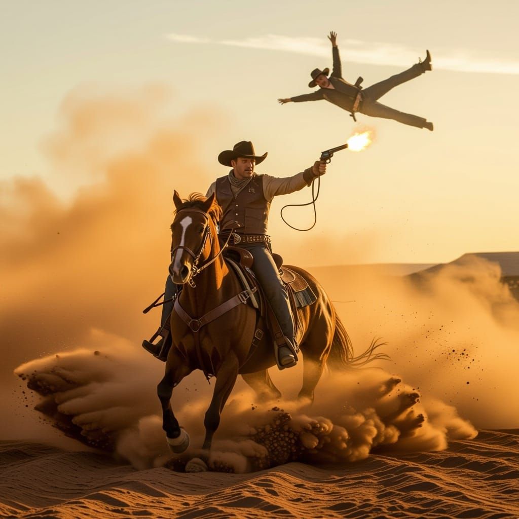 Cowboy Rides Horse Through Dust Cloud with Smoking Gun