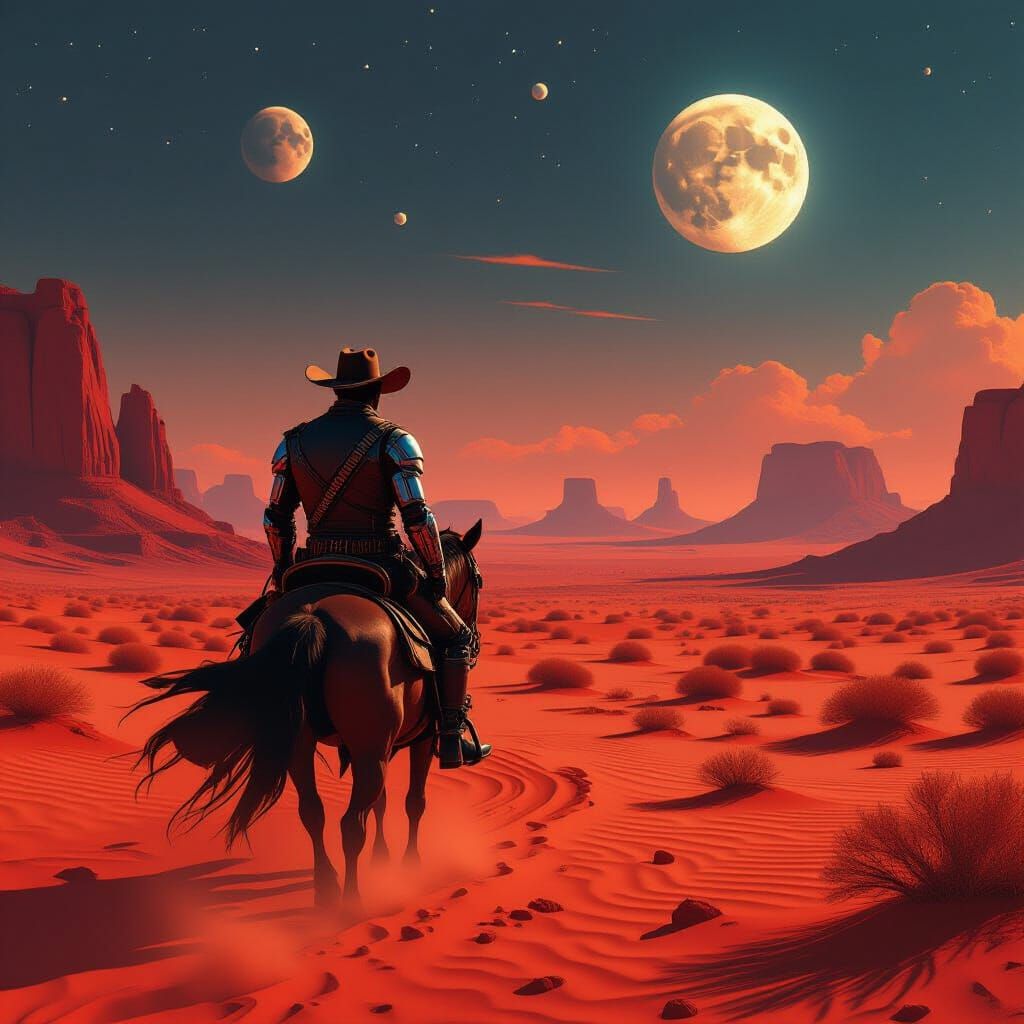 Cyberpunk Cowboy on Alien Desert with Two Moons