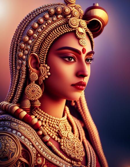 Goddess Durga Portrait in Hyperrealistic Indo-Futurism