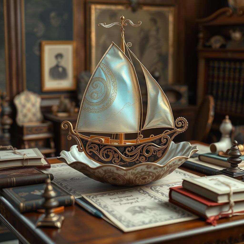 Ornate Papercraft Sailboat in Victorian Study