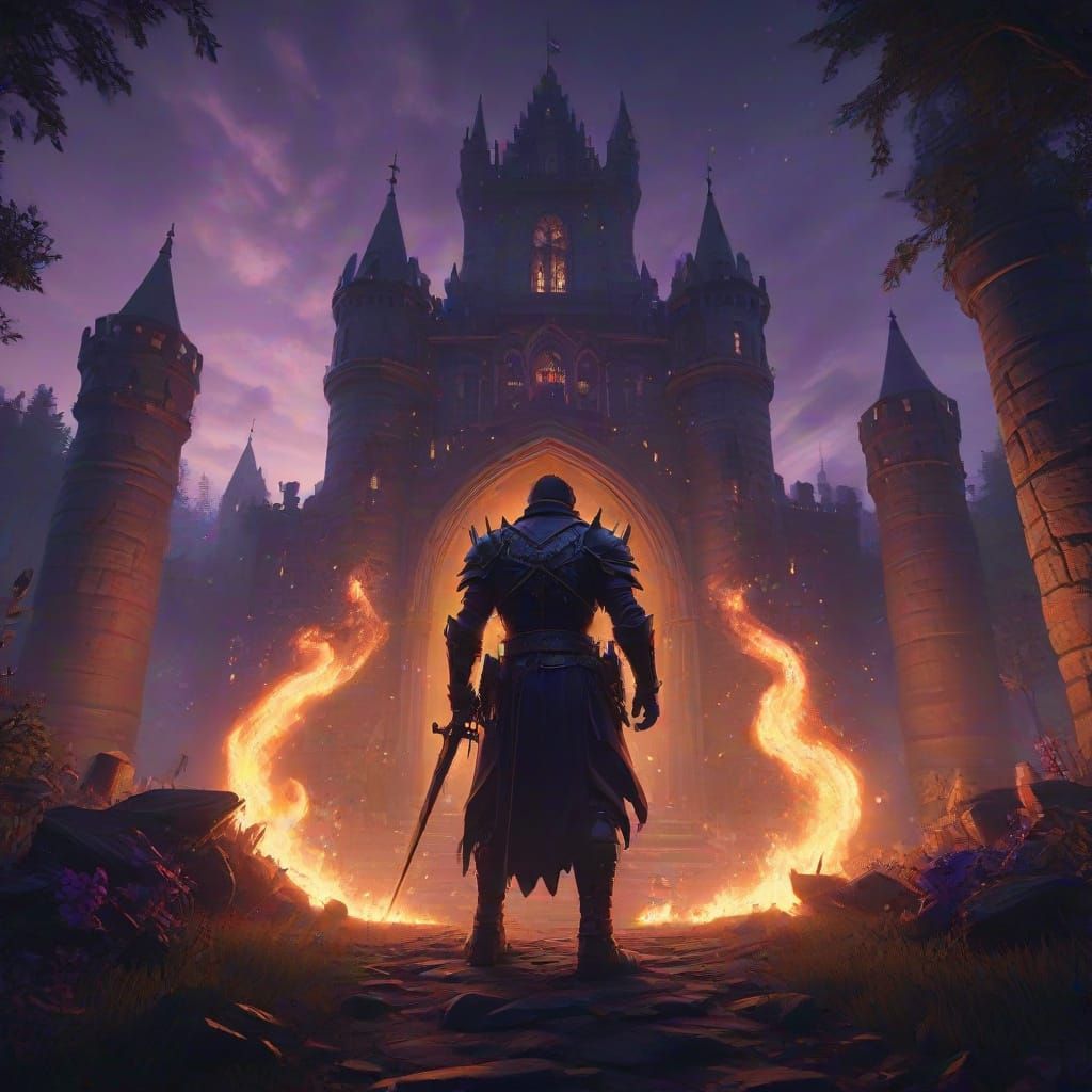 Gothic Fantasy Knight in Violet Flame Inferno