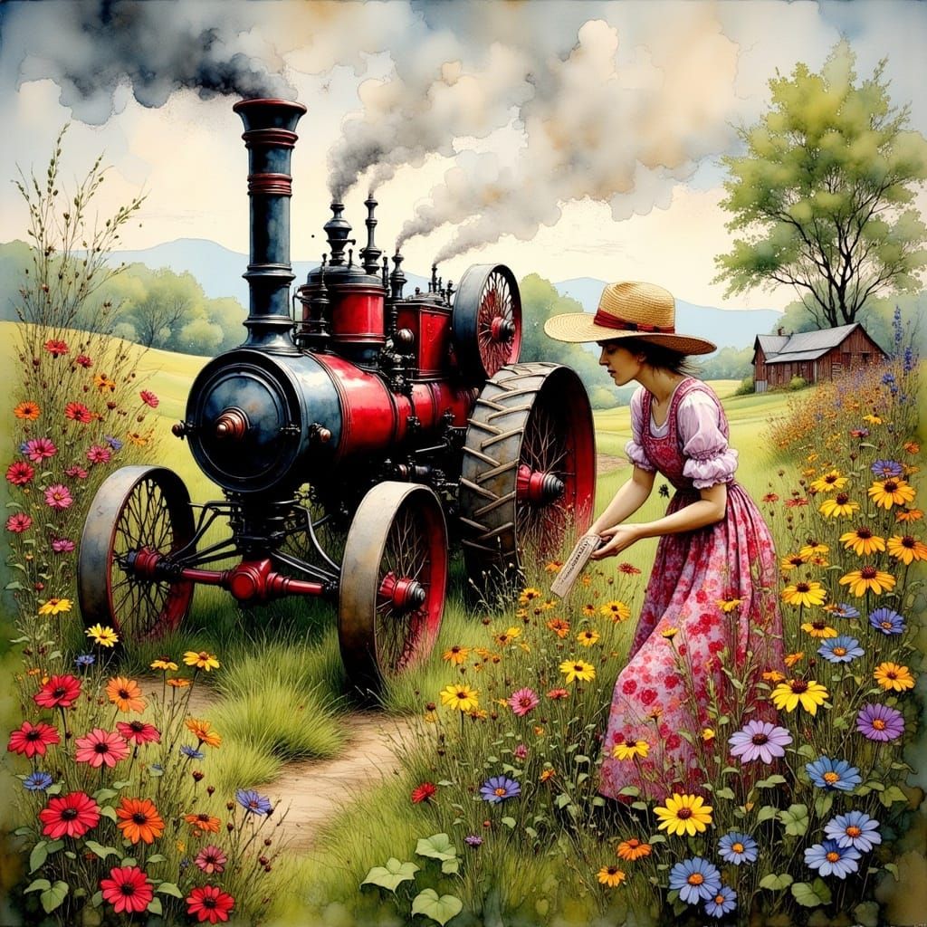 Vintage Steam Tractor with Flower Garden, in Folk Art Style