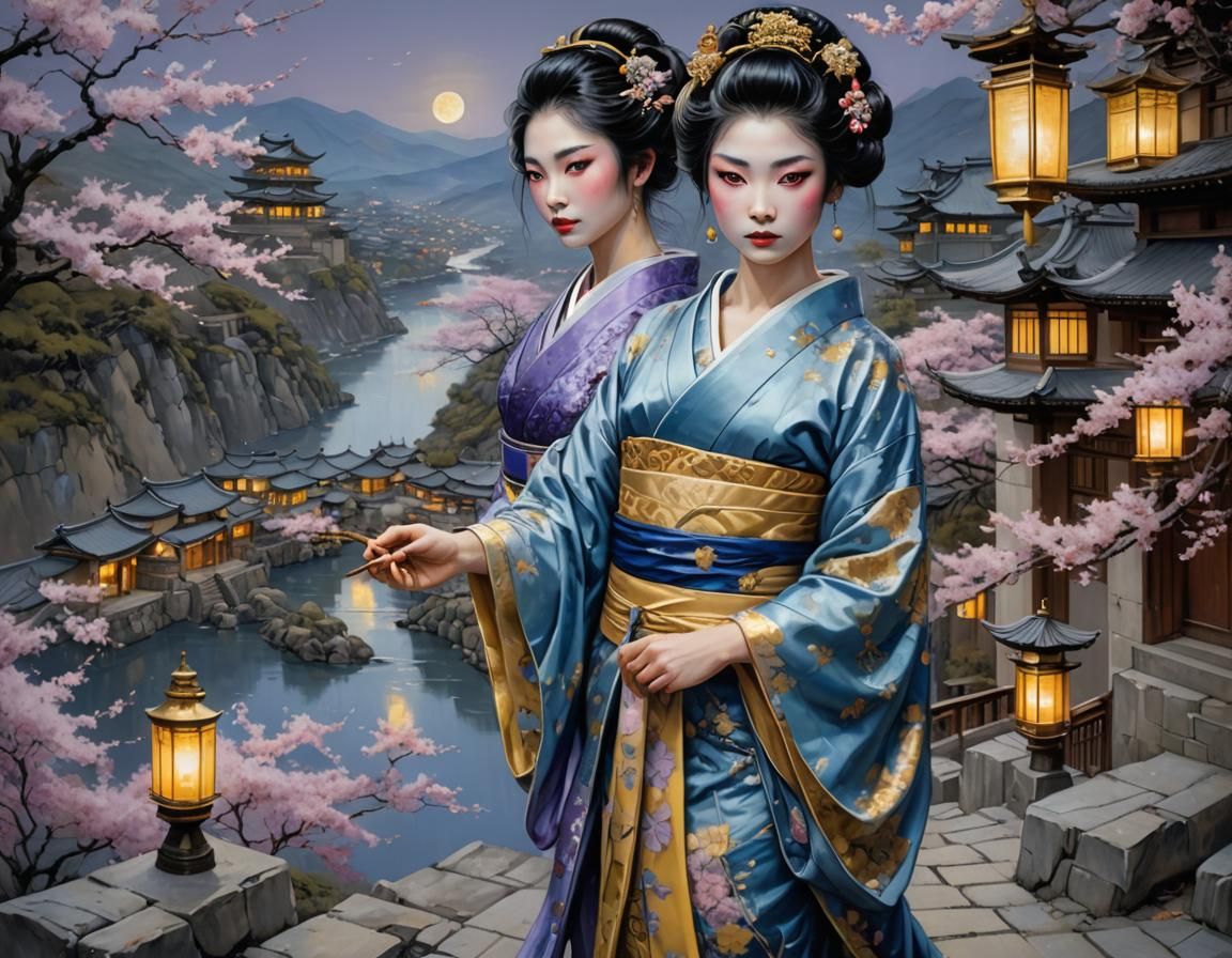 Geisha in Blue and Gold Dress with Sakura