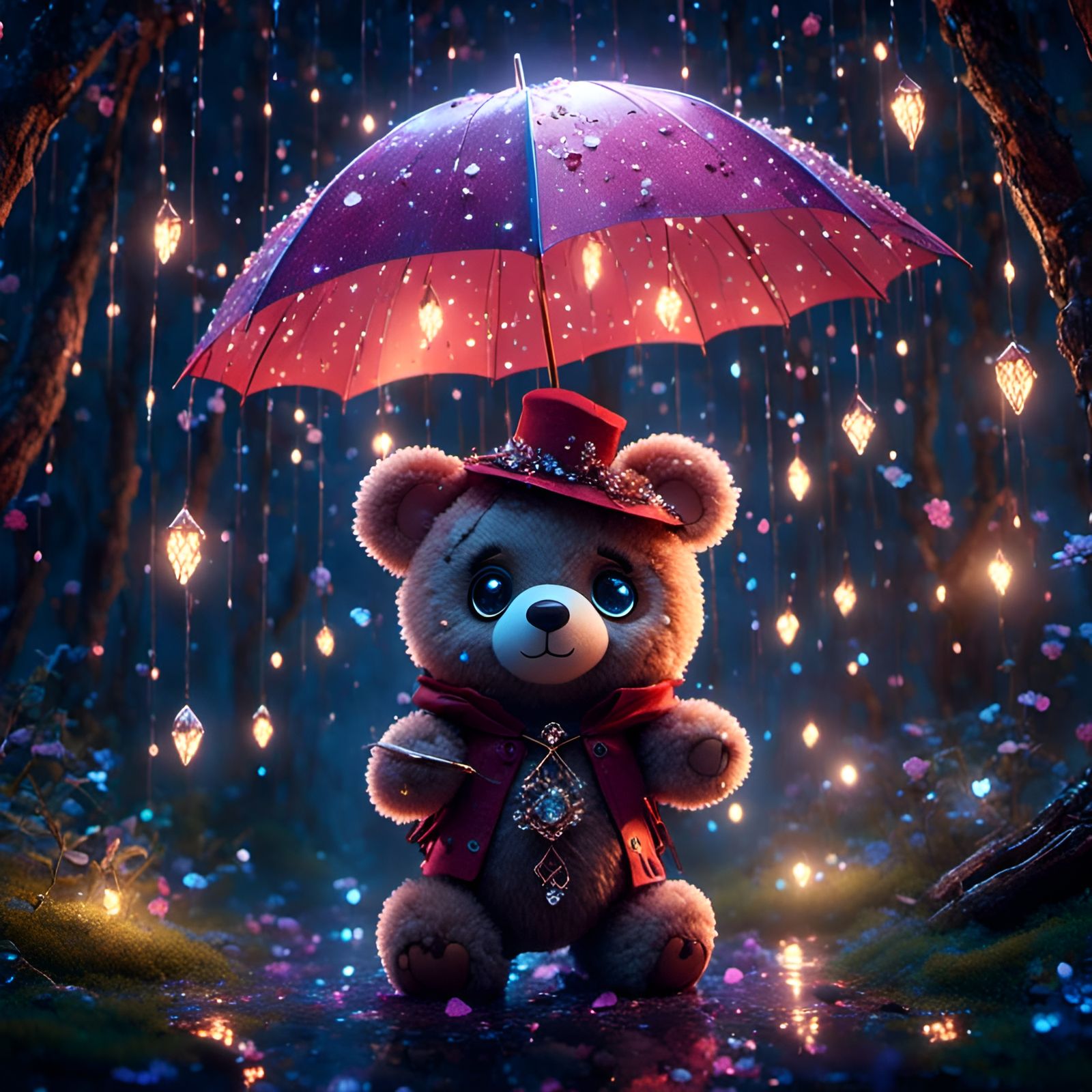 Teddy Bear in Enchanted Forest with Fairy Lights