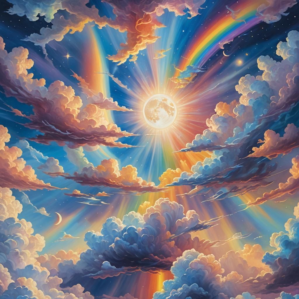 Rainbow Sky with Moon and Sunbeam: Hologram Art