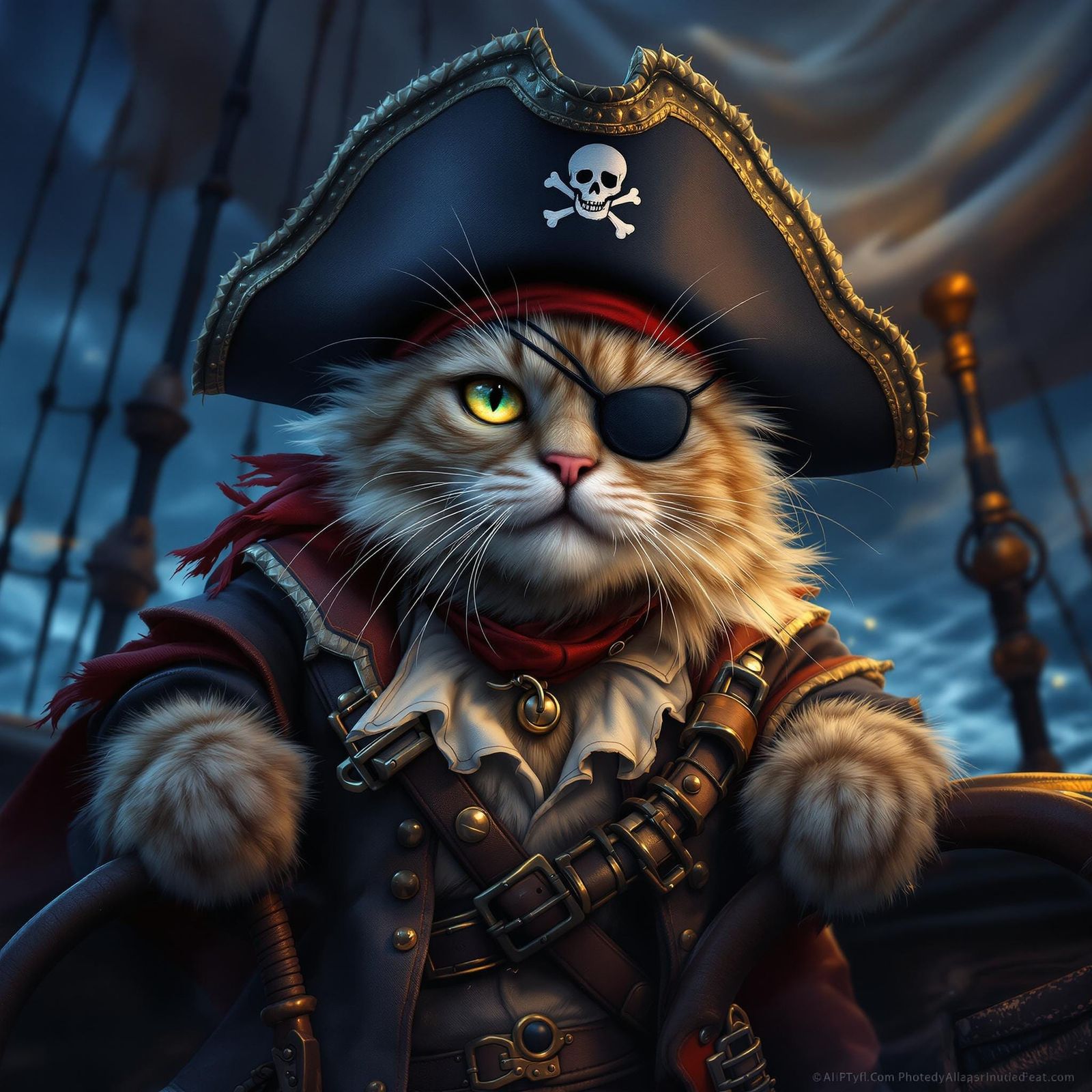 Ethereal Pirate Cat Commands the Stormy Seas in Bioluminesce...