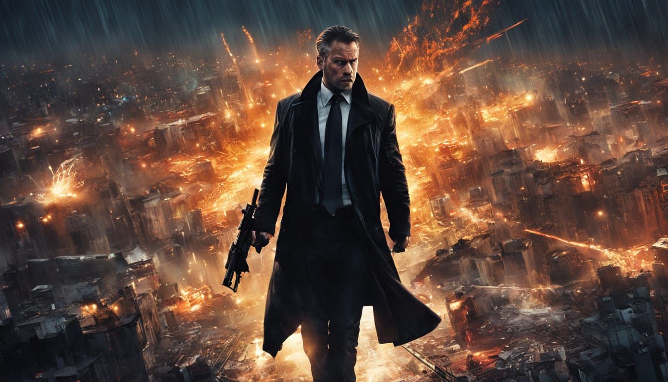 High-Octane Assassin Poster in Neon-Lit Cityscape