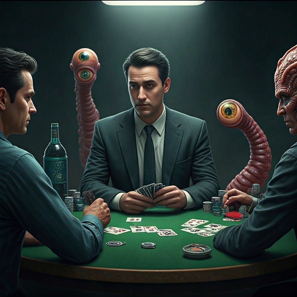 Humans and Aliens Playing Poker in Hyperreal Style