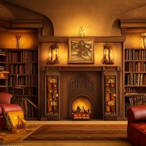 Magical Library with Flying Books and Fireplace